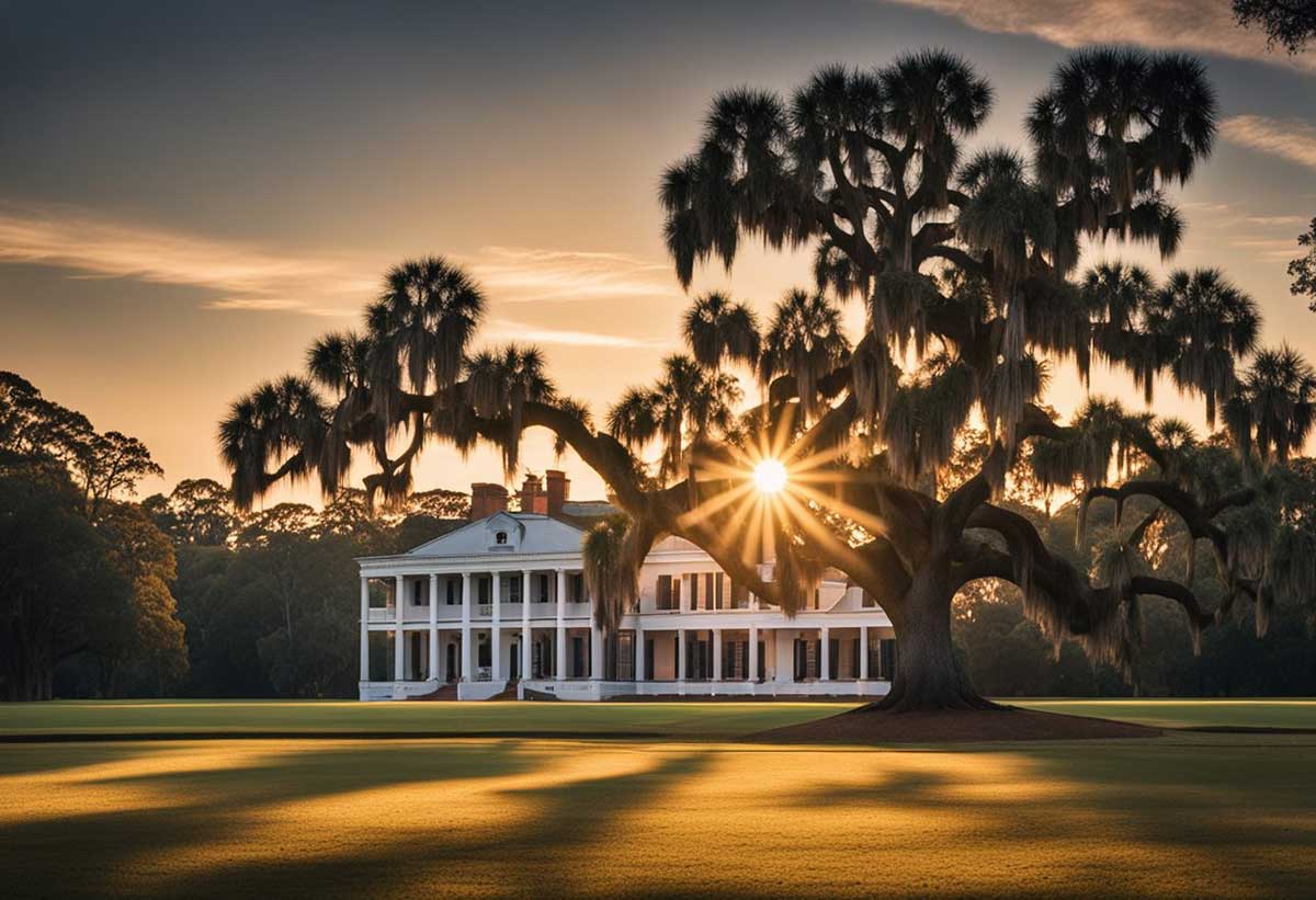 The sun sets behind the iconic Boone Hall Plantation, with its grand oak trees and historic buildings, while visitors explore the grounds and museum exhibits