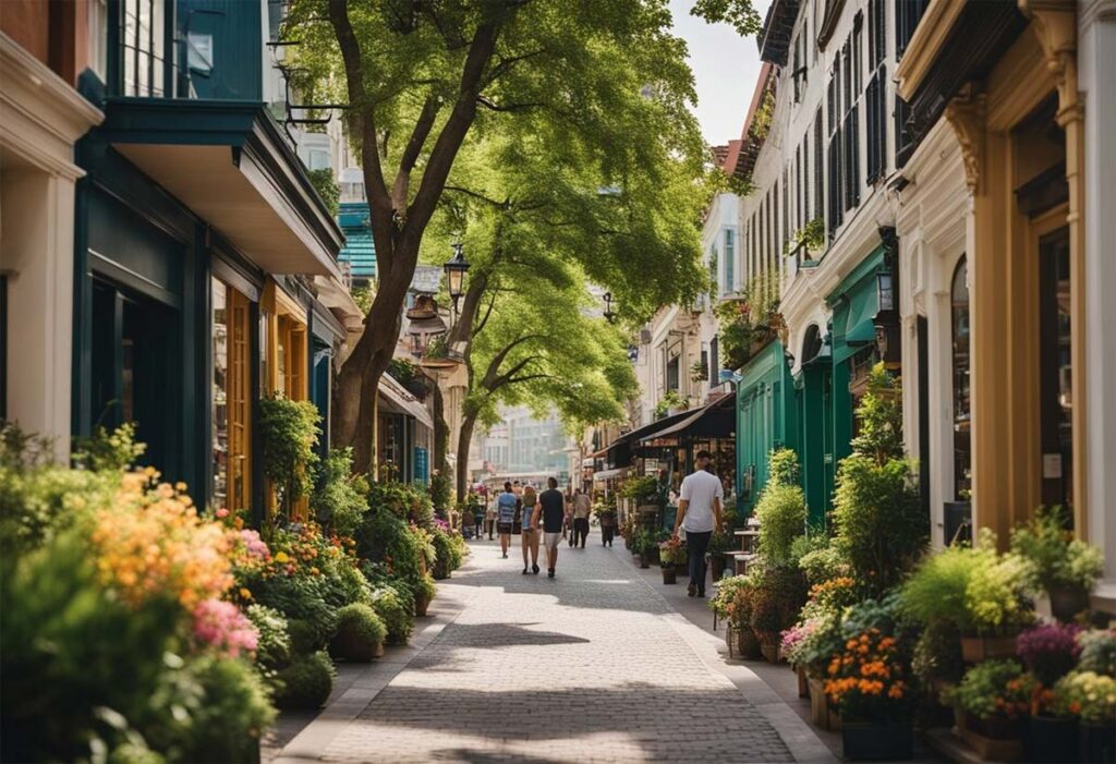 A bustling street lined with colorful storefronts and historic buildings, surrounded by lush greenery and a view of the waterfront