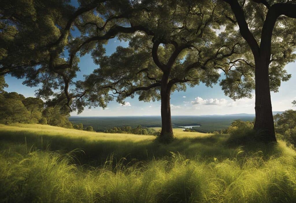 A panoramic view of South Carolina's landscape, featuring rolling hills, lush forests, and a winding river flowing through the countryside