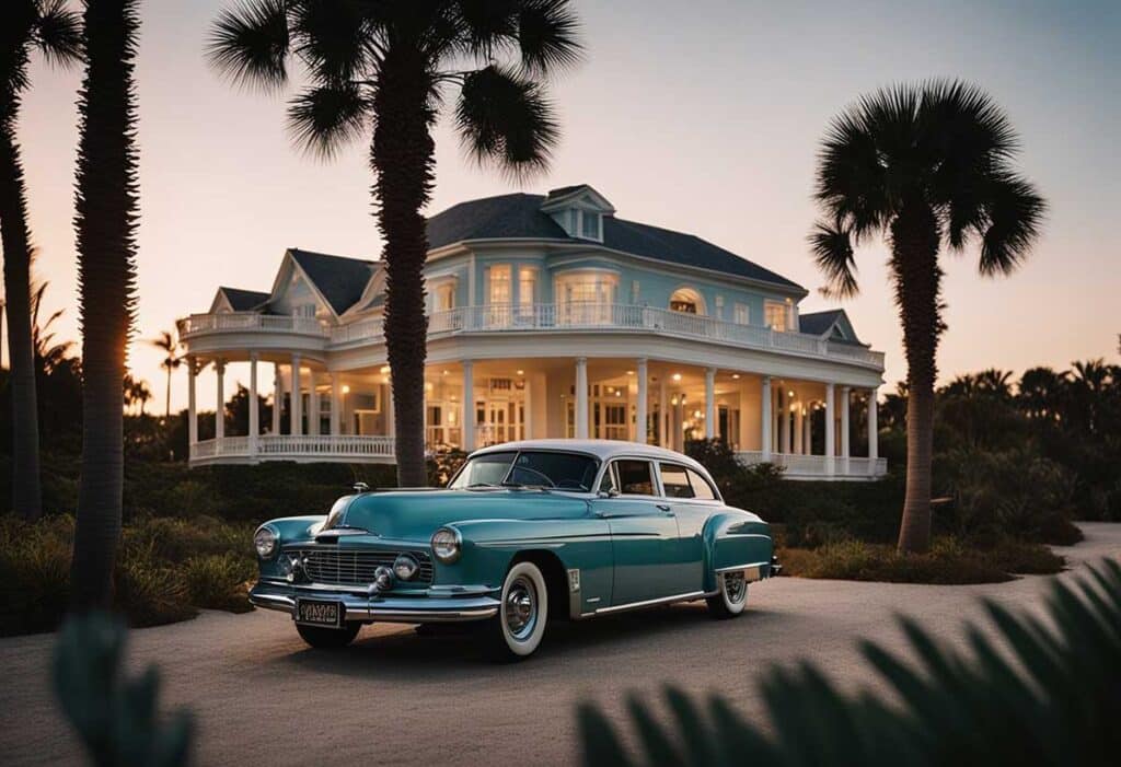 A beachfront mansion with palmetto trees and a classic car, overlooking the ocean at sunset