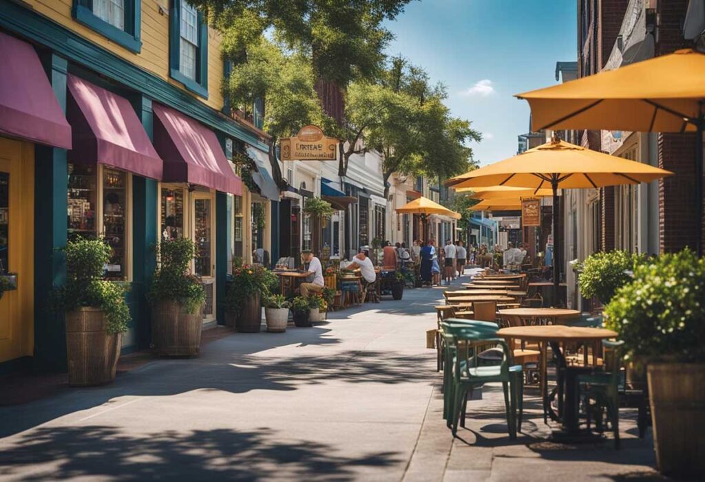 A bustling street lined with colorful storefronts and outdoor seating, where locals and tourists alike enjoy a variety of delicious food and drinks in Mt. Pleasant, SC