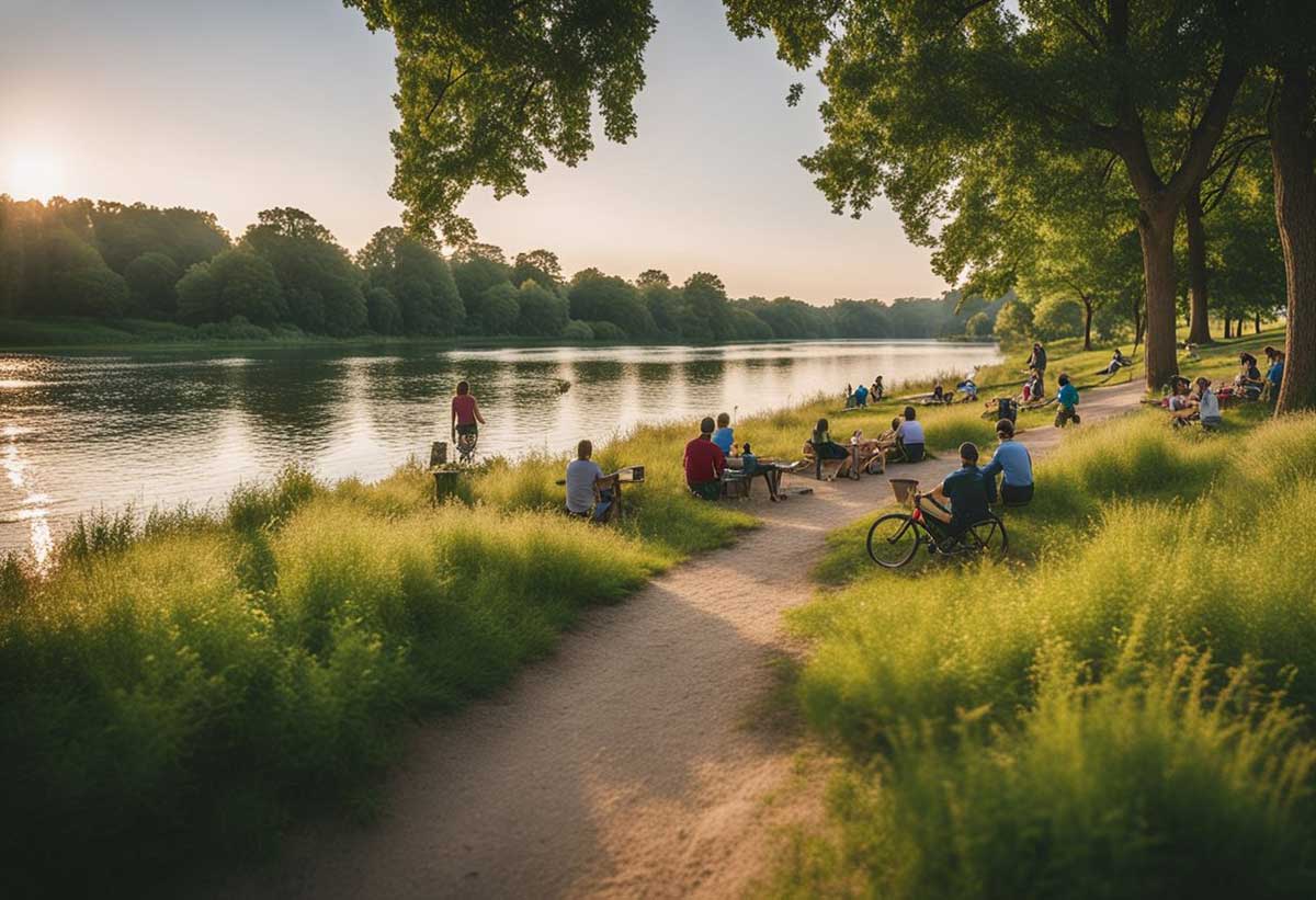 A vibrant city park with people picnicking, playing sports, and walking dogs. Nearby, kayakers paddle along a scenic river, and cyclists explore the trails