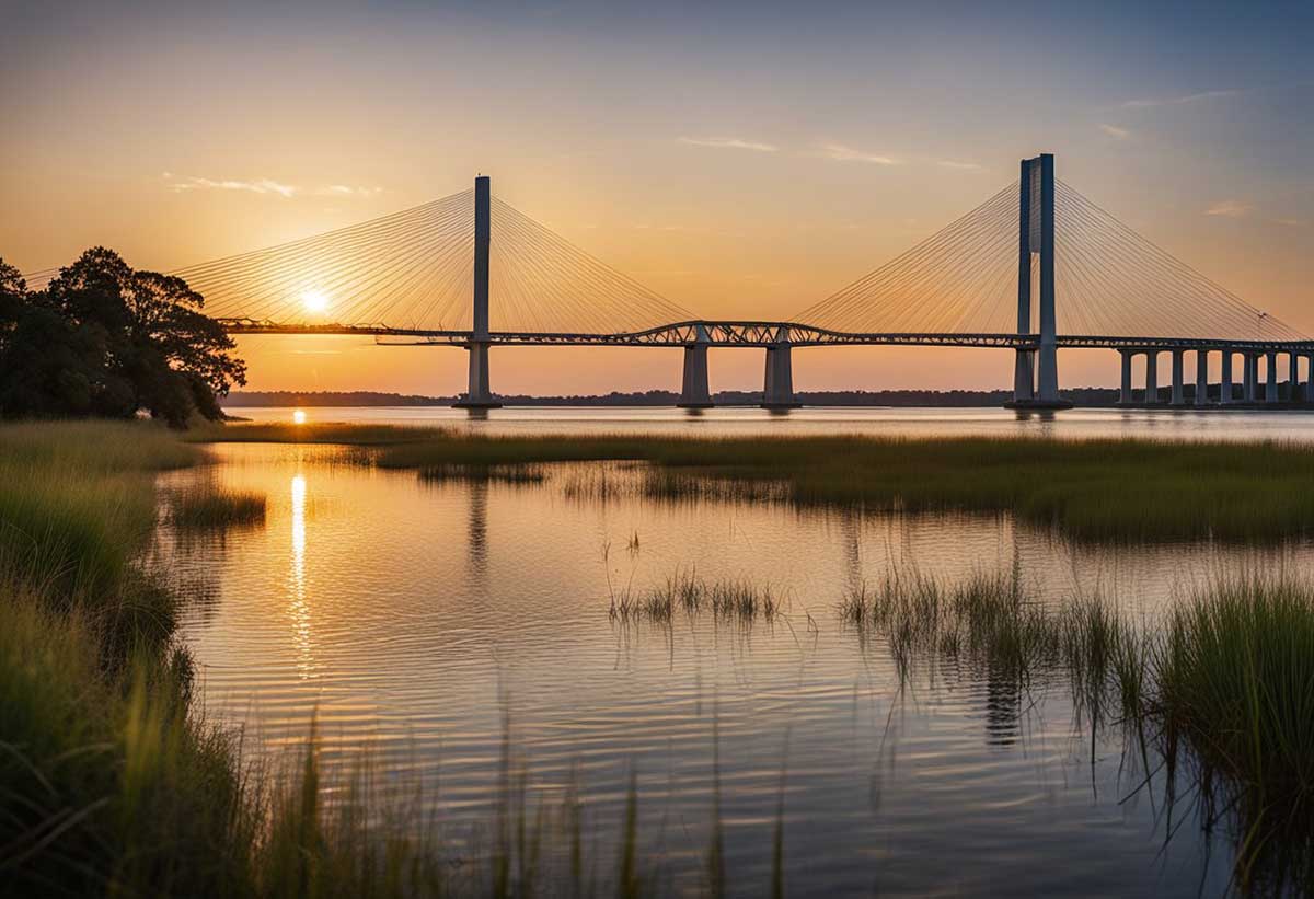 The sun sets over the iconic Ravenel Bridge, while families picnic in Waterfront Park and locals browse the bustling Farmer's Market