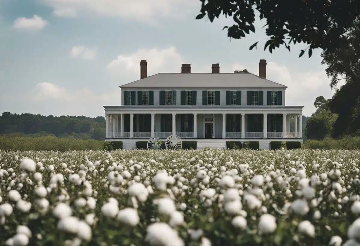 A plantation house surrounded by fields of cotton, with soldiers and cannons in the distance