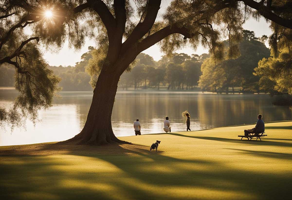 A serene park with people picnicking, playing frisbee, and walking dogs near a tranquil lake in Charleston, SC