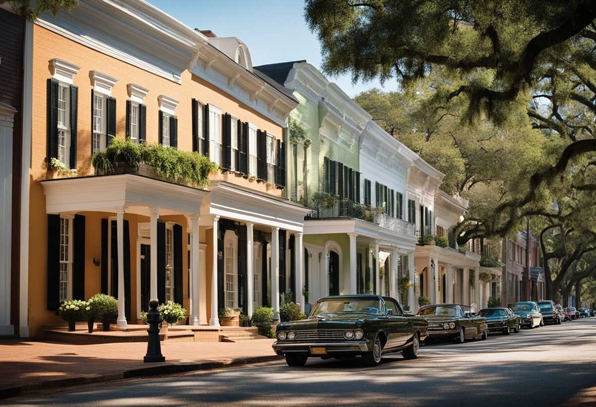 A quaint southern town with antebellum mansions, moss-draped oak trees, and a charming main street lined with colorful storefronts