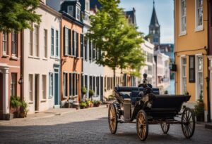 Historic buildings line cobblestone streets along the waterfront, with colorful row houses and lush greenery. A horse-drawn carriage passes by, while sailboats dot the harbor